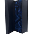 Open luxury flute box with blue satin lining.