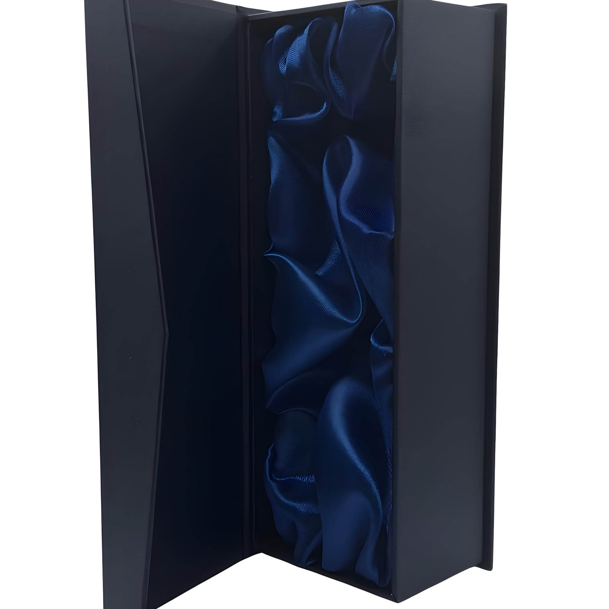 Open luxury flute box with blue satin lining.
