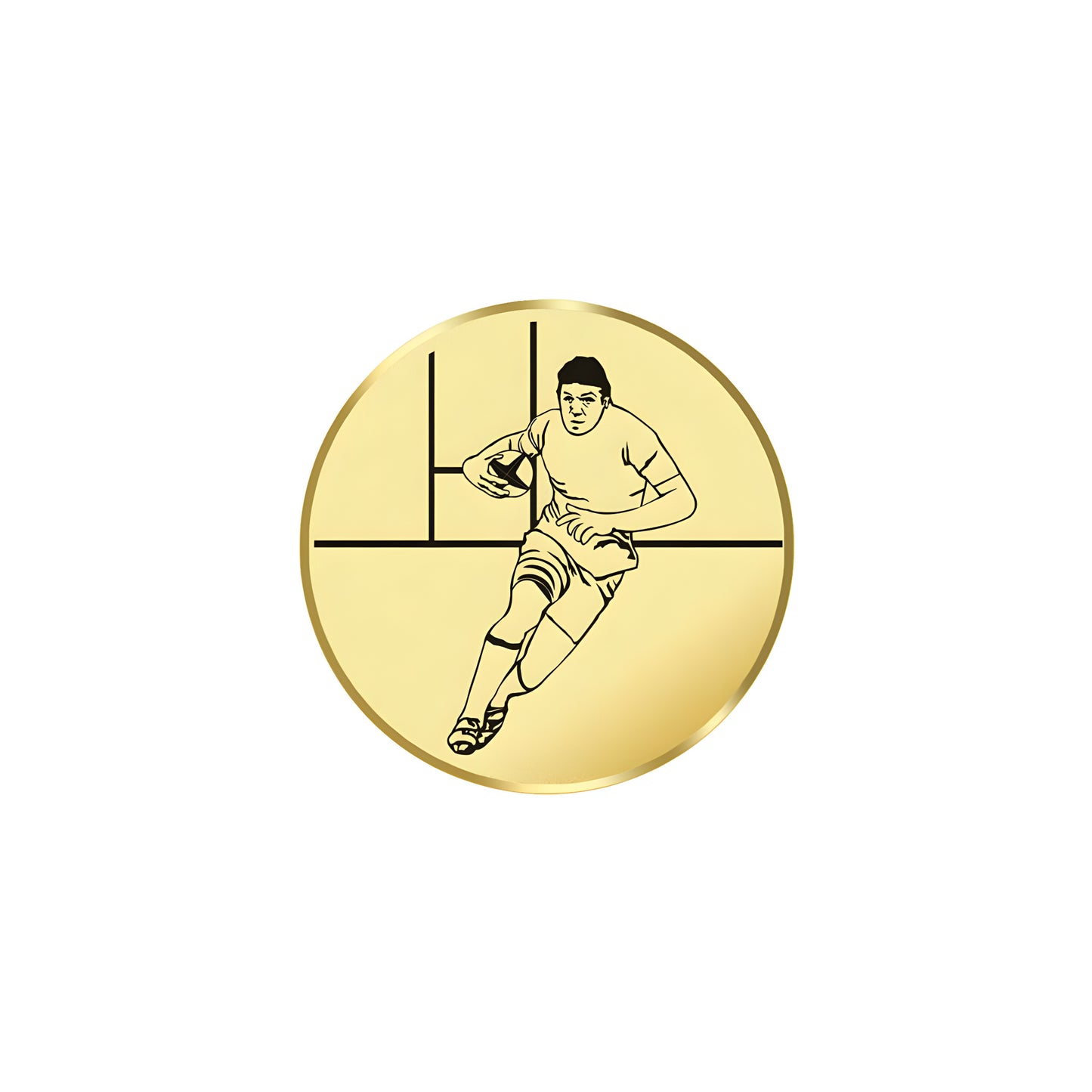 Golden medal with rugby player running and holding ball illustration.