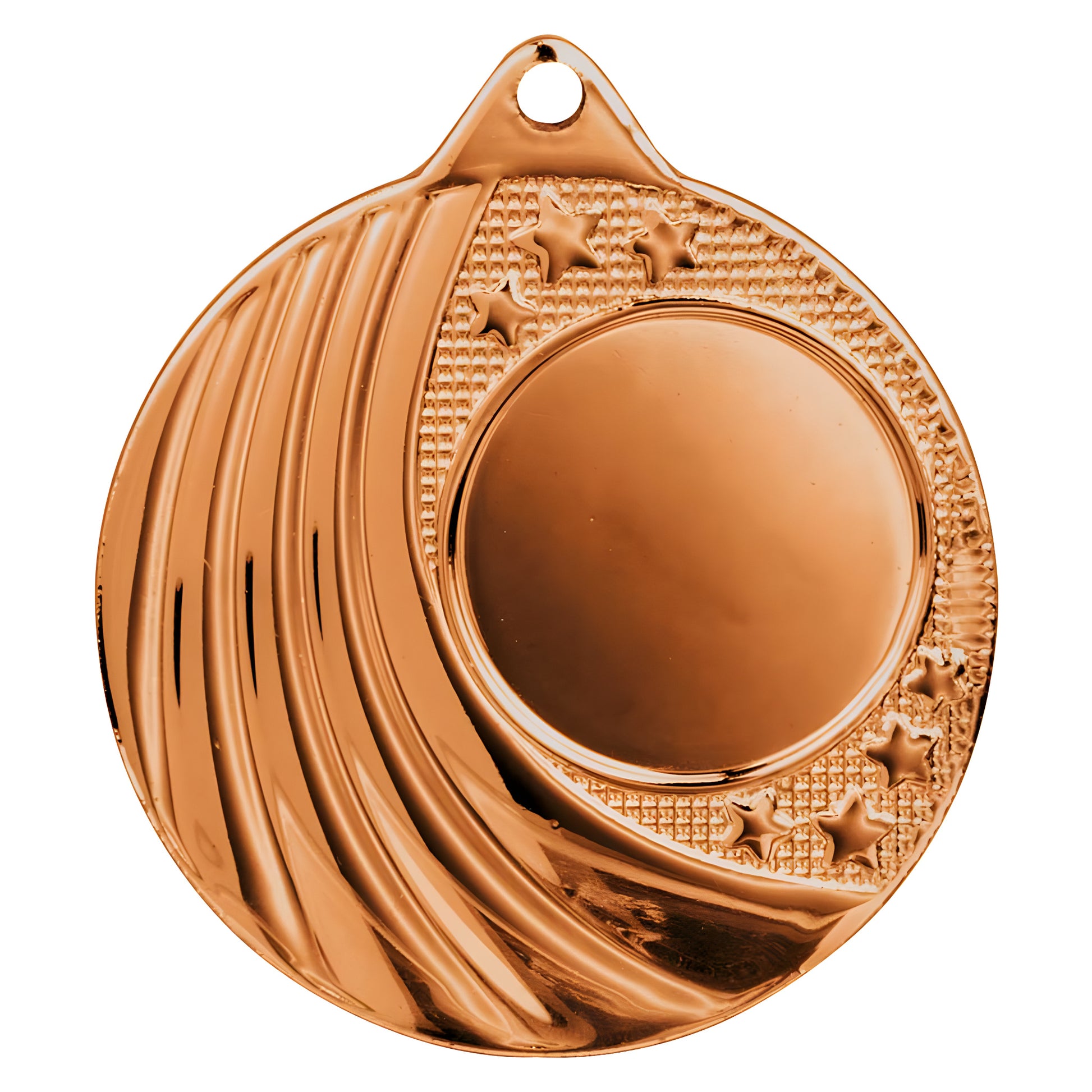 Bronze medal with blank center, star pattern, and spiral design