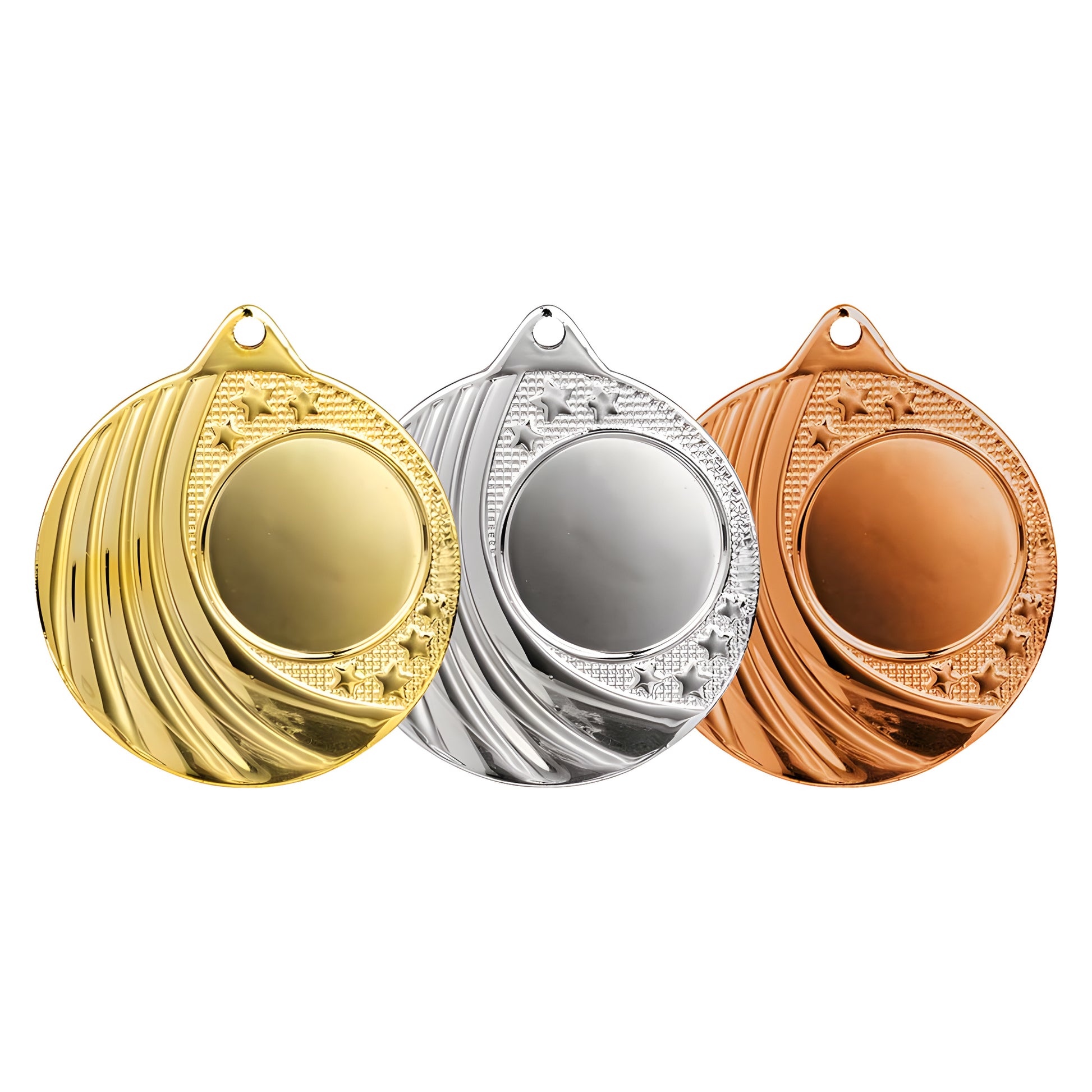 Gold, silver, and bronze medals in a row with detailed swirling design.