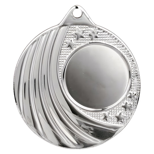 Silver circular medal with star embossed design on edge.