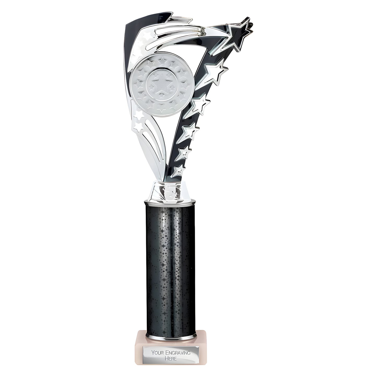 Silver and black customizable tube trophy with star design for multisport.