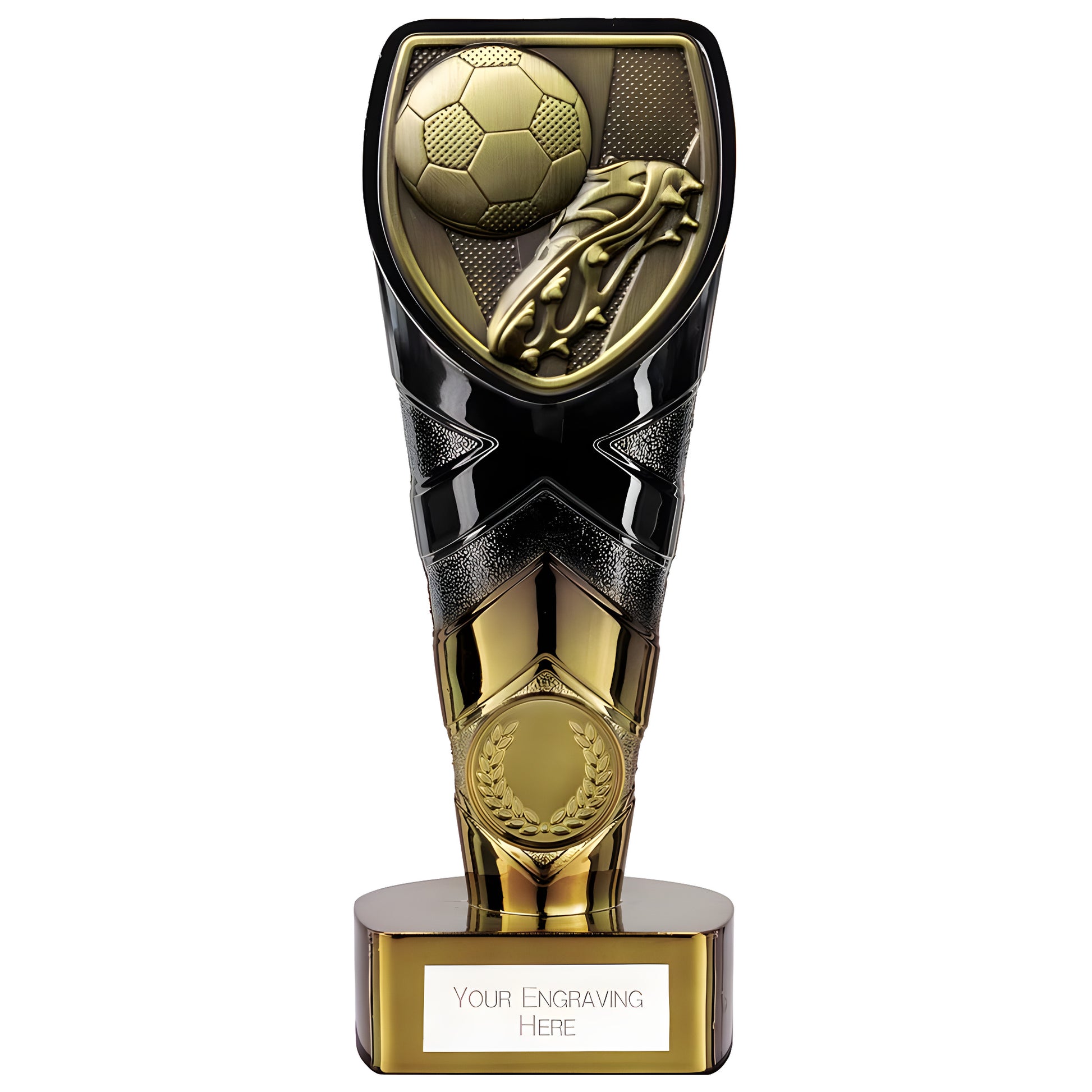 Black and gold football trophy with boot and ball design featuring an engraved plaque.