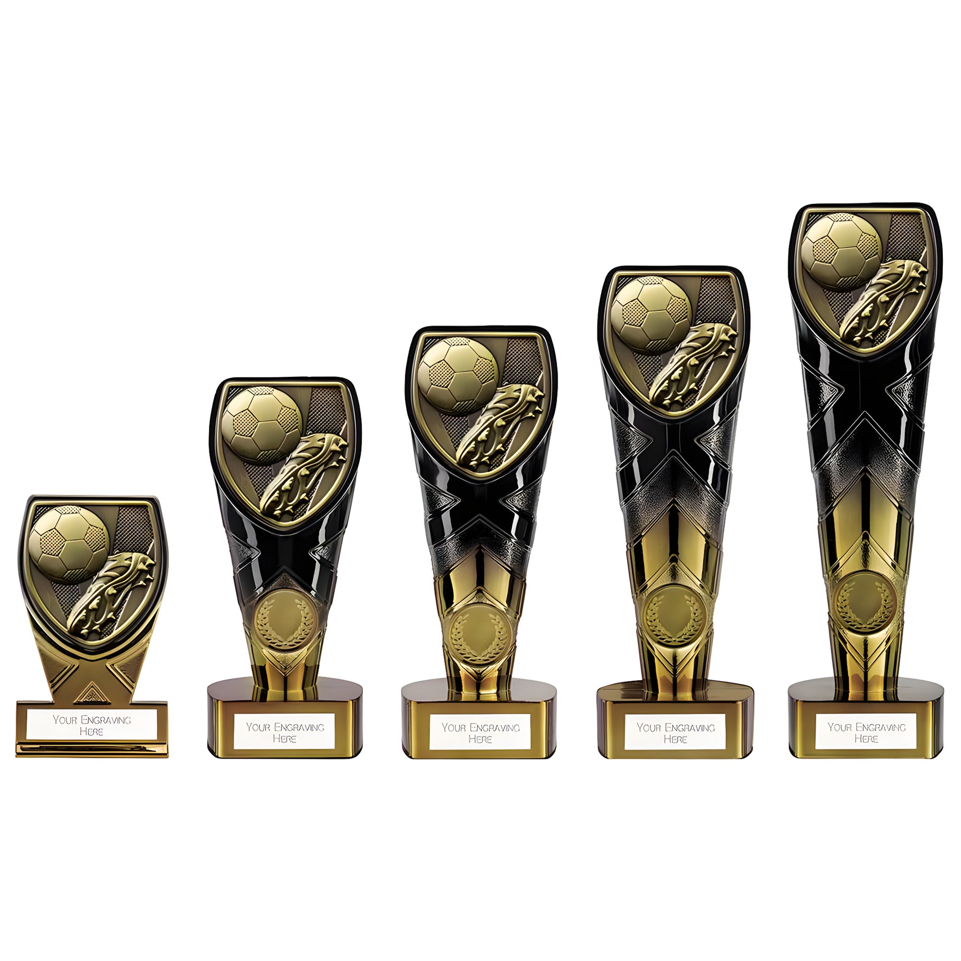 Set of five black and gold football trophy awards featuring a ball and boot design in various sizes.