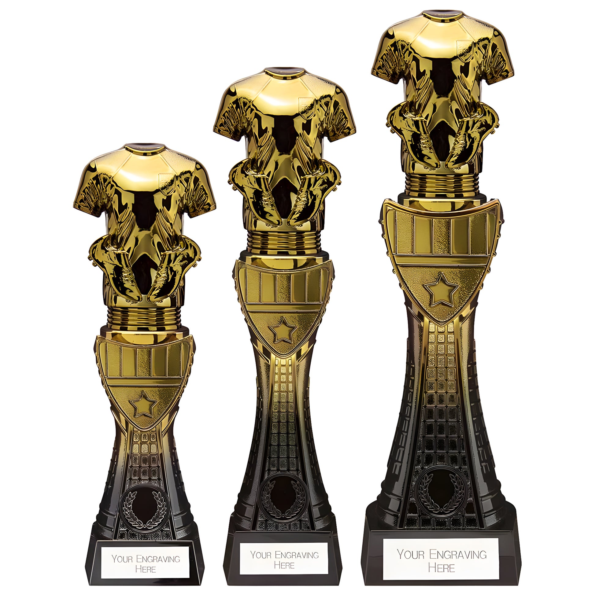 Three black and gold football shirt shaped trophies with engraving plates.