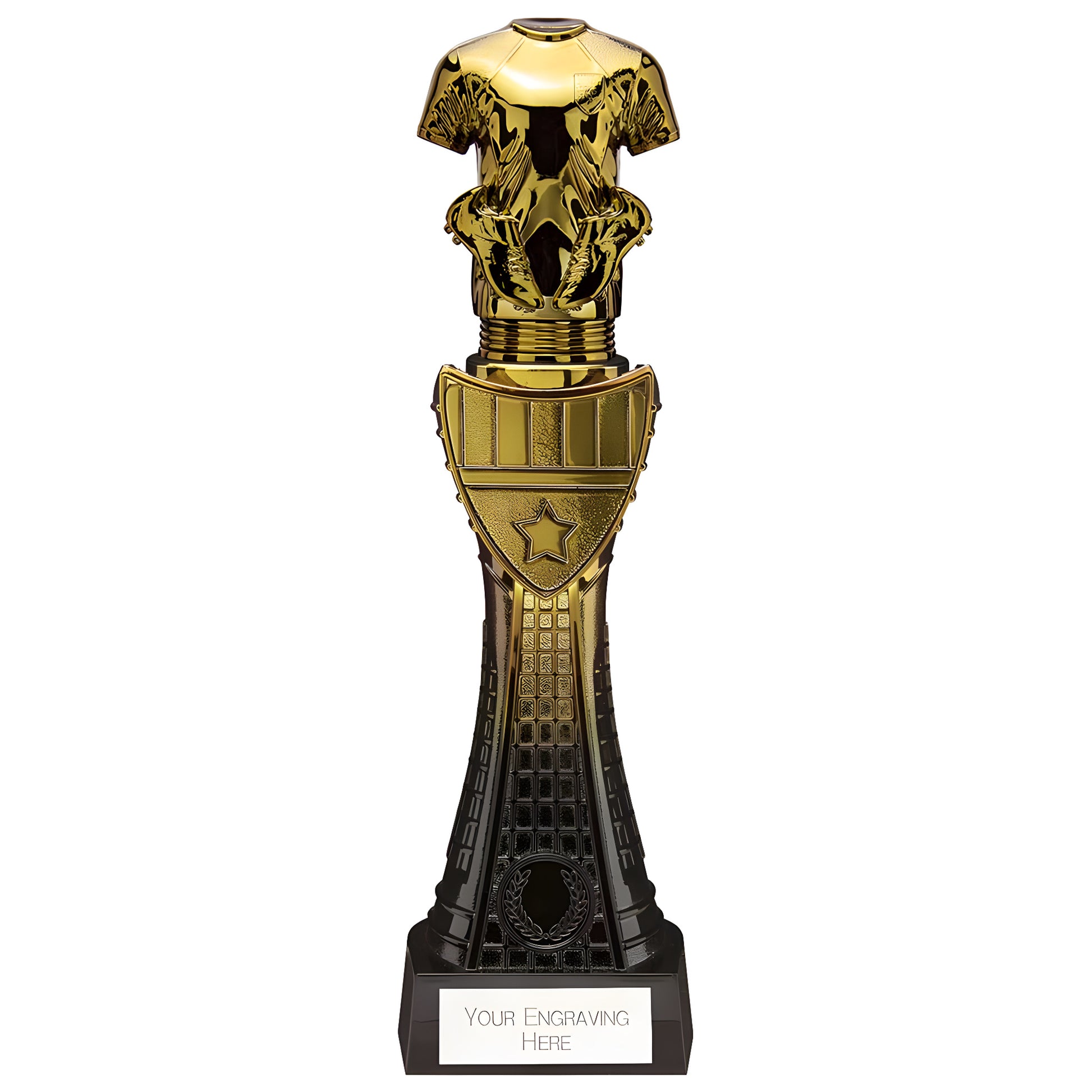 Black and gold football trophy with shirt design and engraving plate.