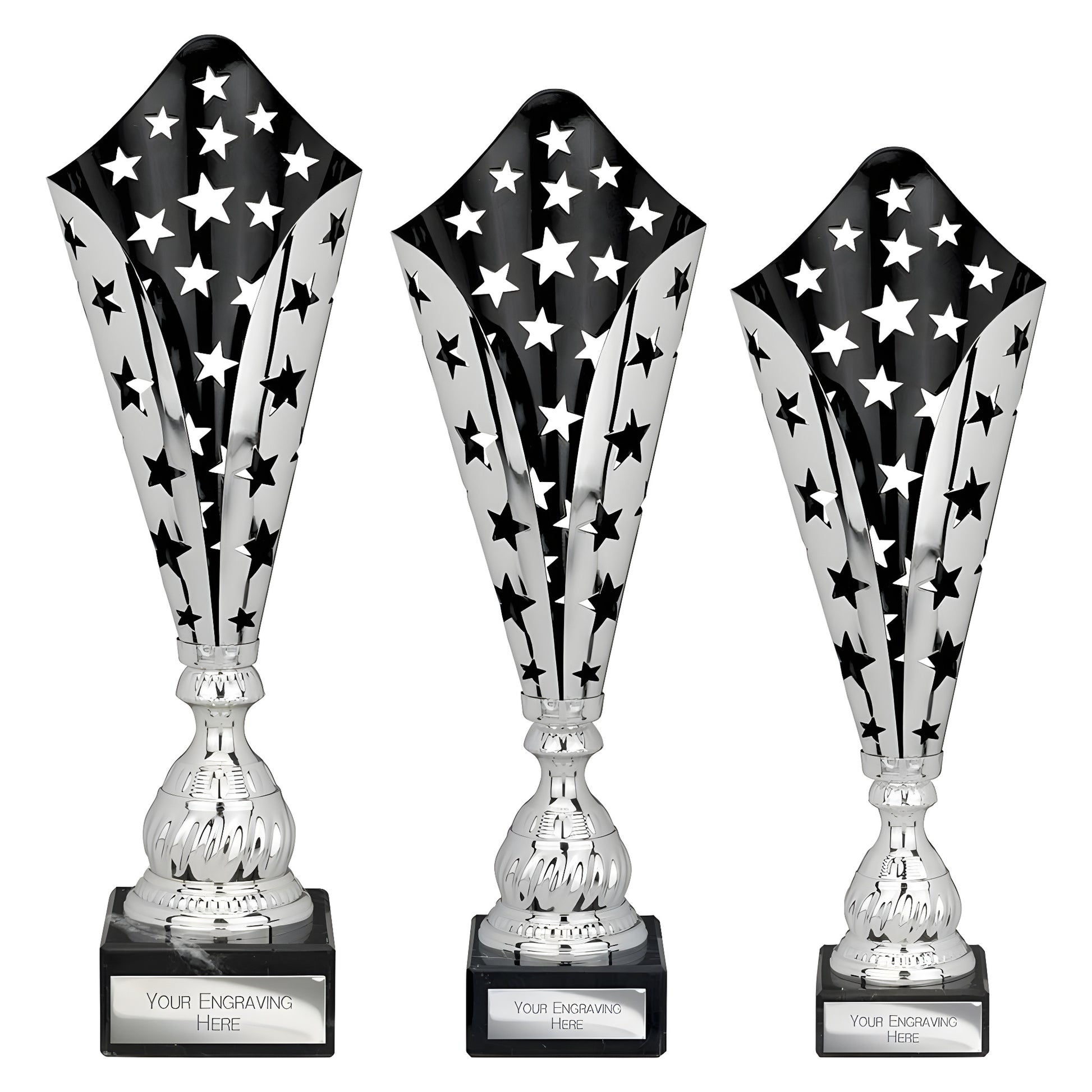 Silver and black star-patterned trophy cups with engraving space, 390mm tall.