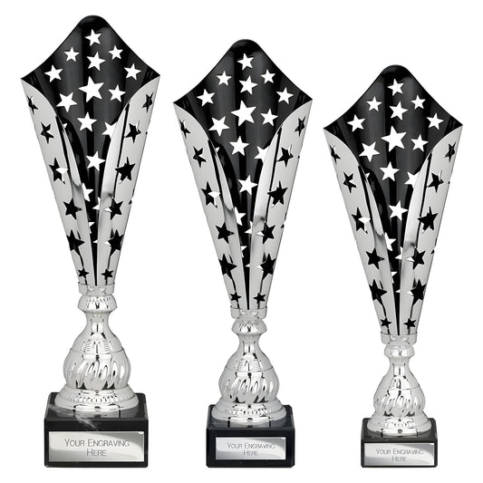 Silver and black star-patterned trophy cups with engraving space, 390mm tall.