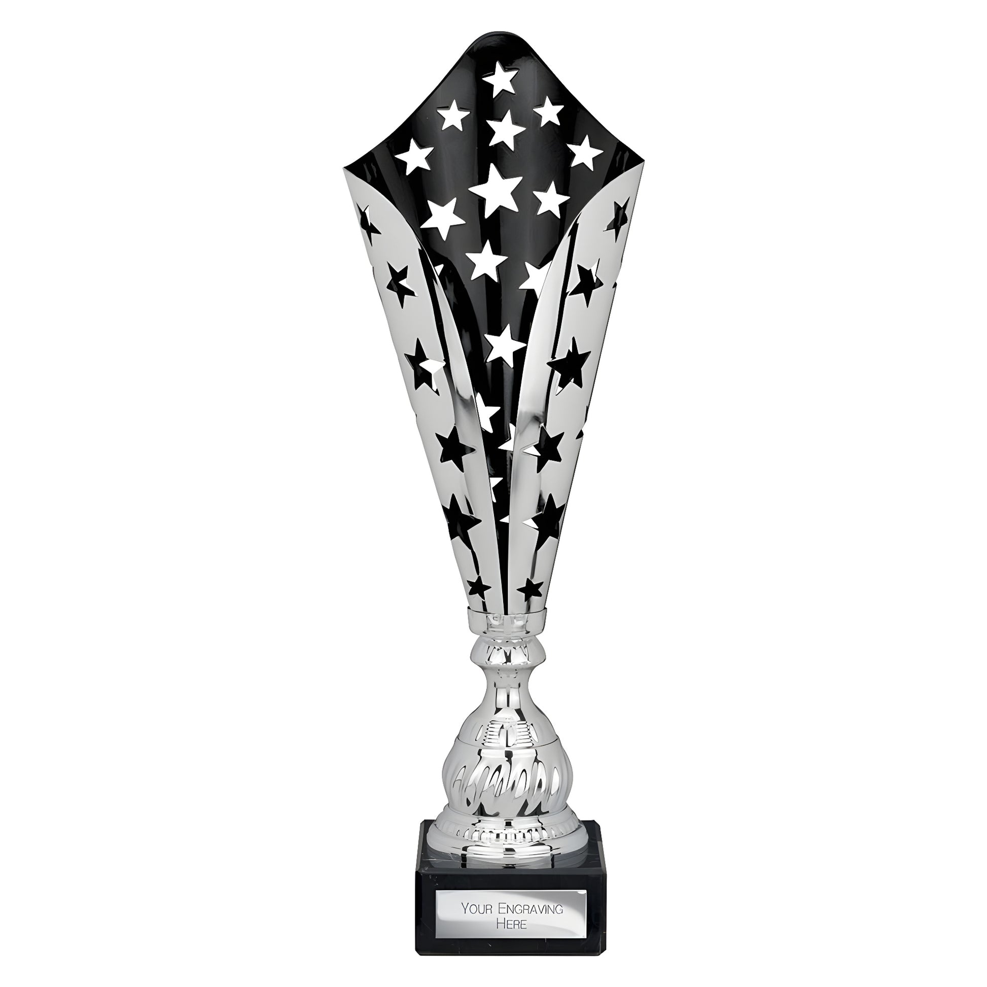 Silver and black star-patterned trophy with engraving base, 390mm tall.
