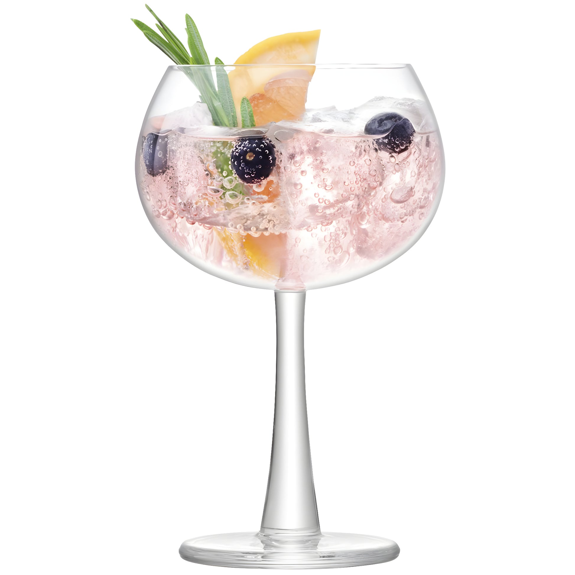 420ml gin glass with pink gin tonic, rosemary, blueberries, and lemon slice.