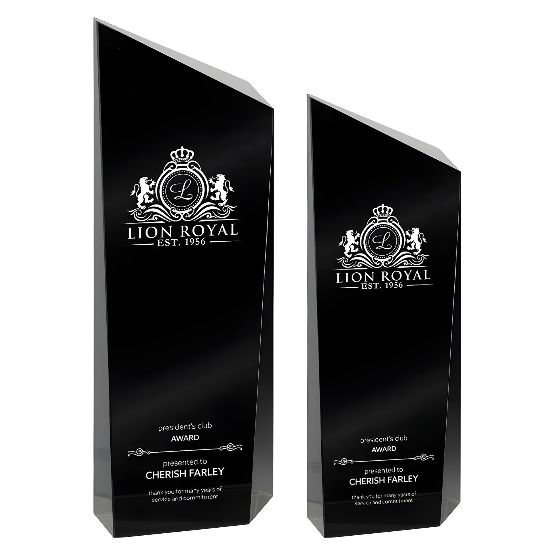 Black glass award for President's Club employee recognition with Lion Royal logo.
