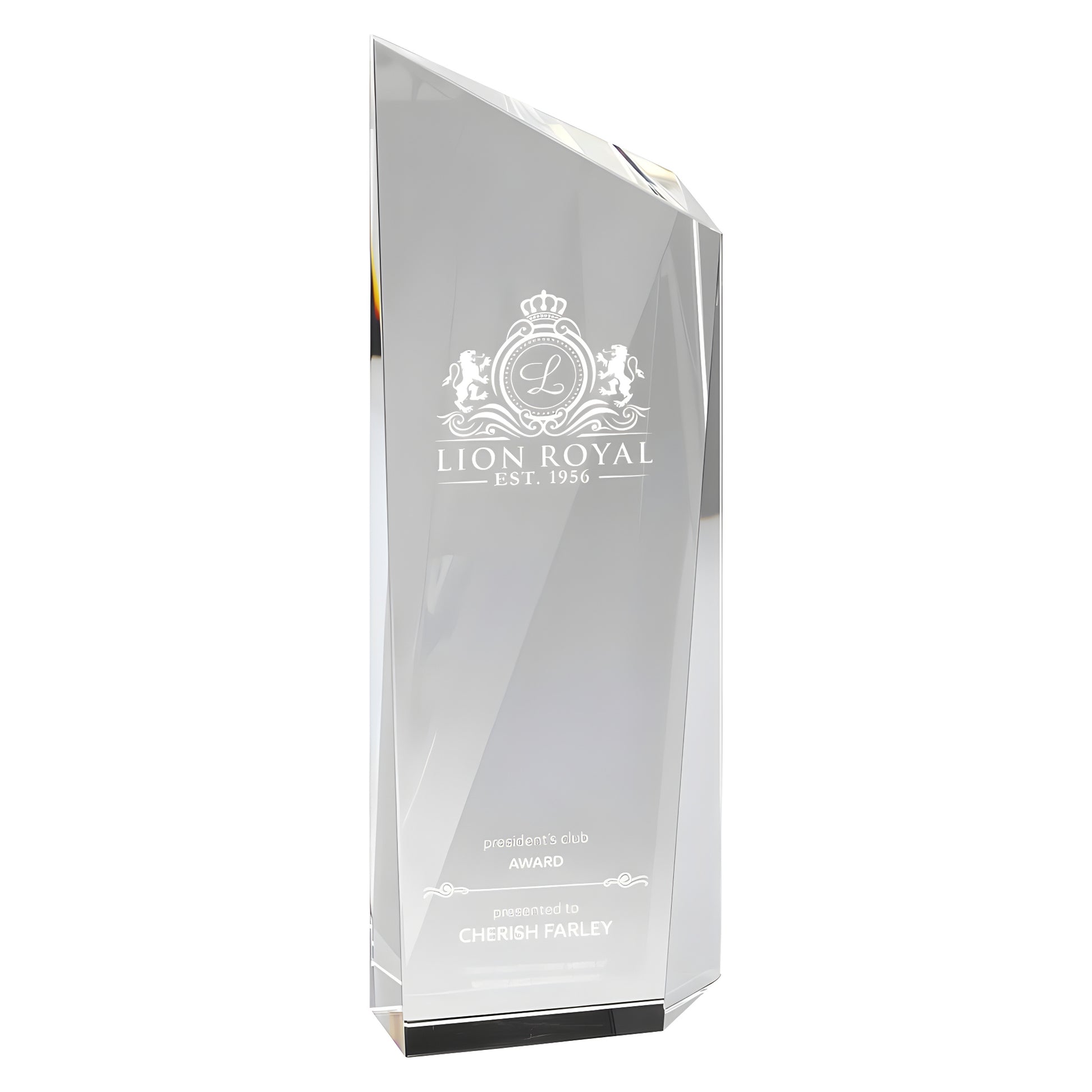 Personalized crystal award with engraving for Cherish Farley, President's Club.