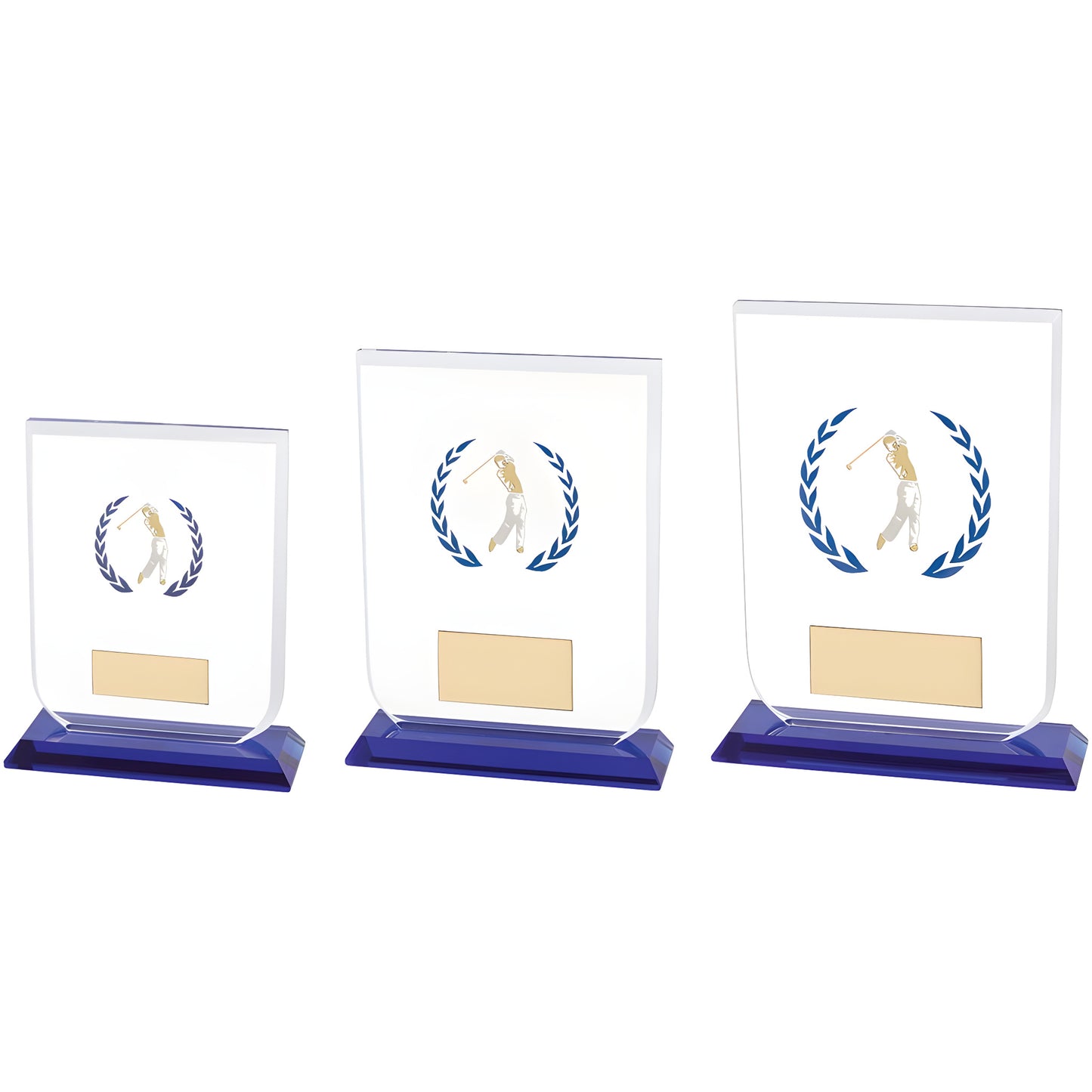 Set of glass golf trophies with blue bases and golfer silhouette.