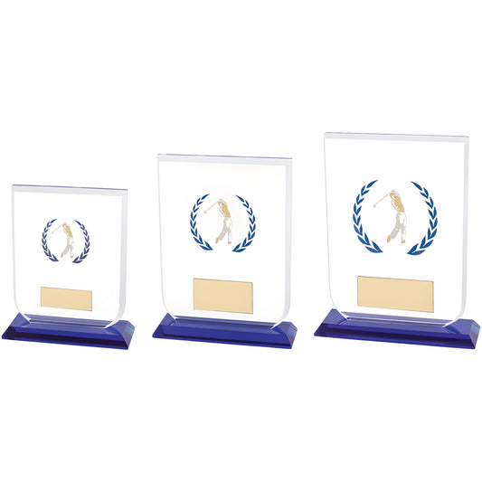 Set of glass golf trophies with blue bases and golfer silhouette.