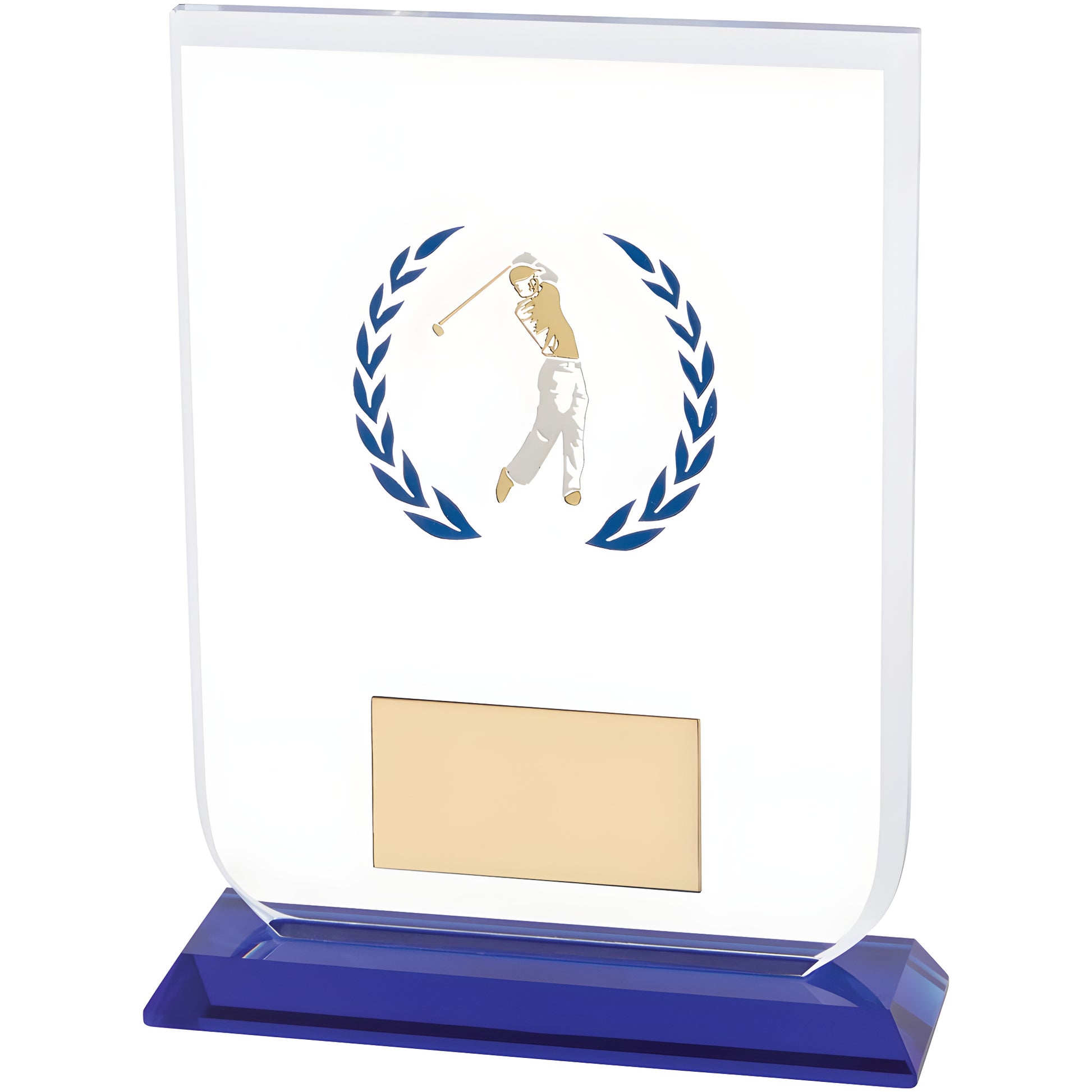 Glass golf award with blue laurel design and male golfer swing on blue base.