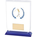 Glass golf award with blue laurel design and male golfer swing on blue base.
