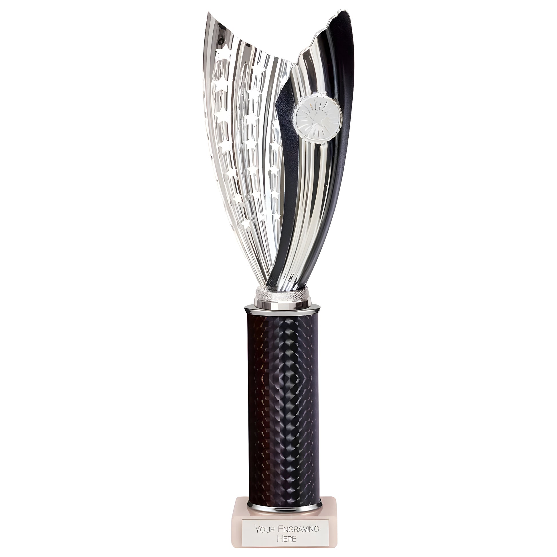 Elegant black and silver plastic trophy with customizable engraving.