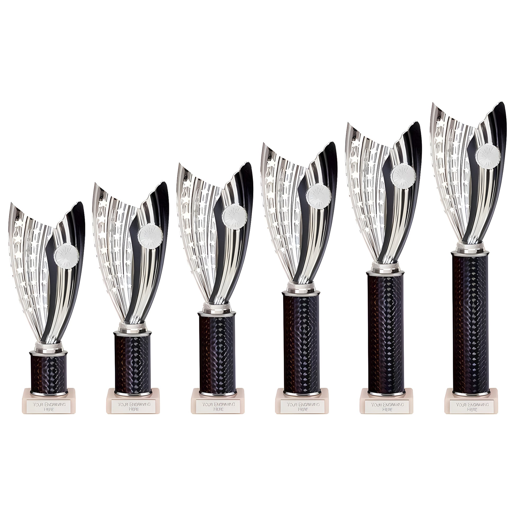 Set of six silver and black plastic trophies with engravable base.