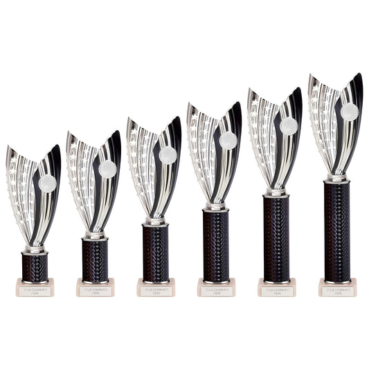 Set of six silver and black plastic trophies with engravable base.