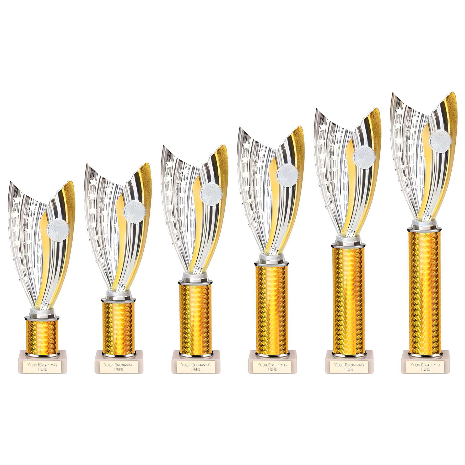 Set of six gold and silver plastic trophies with customizable bases.
