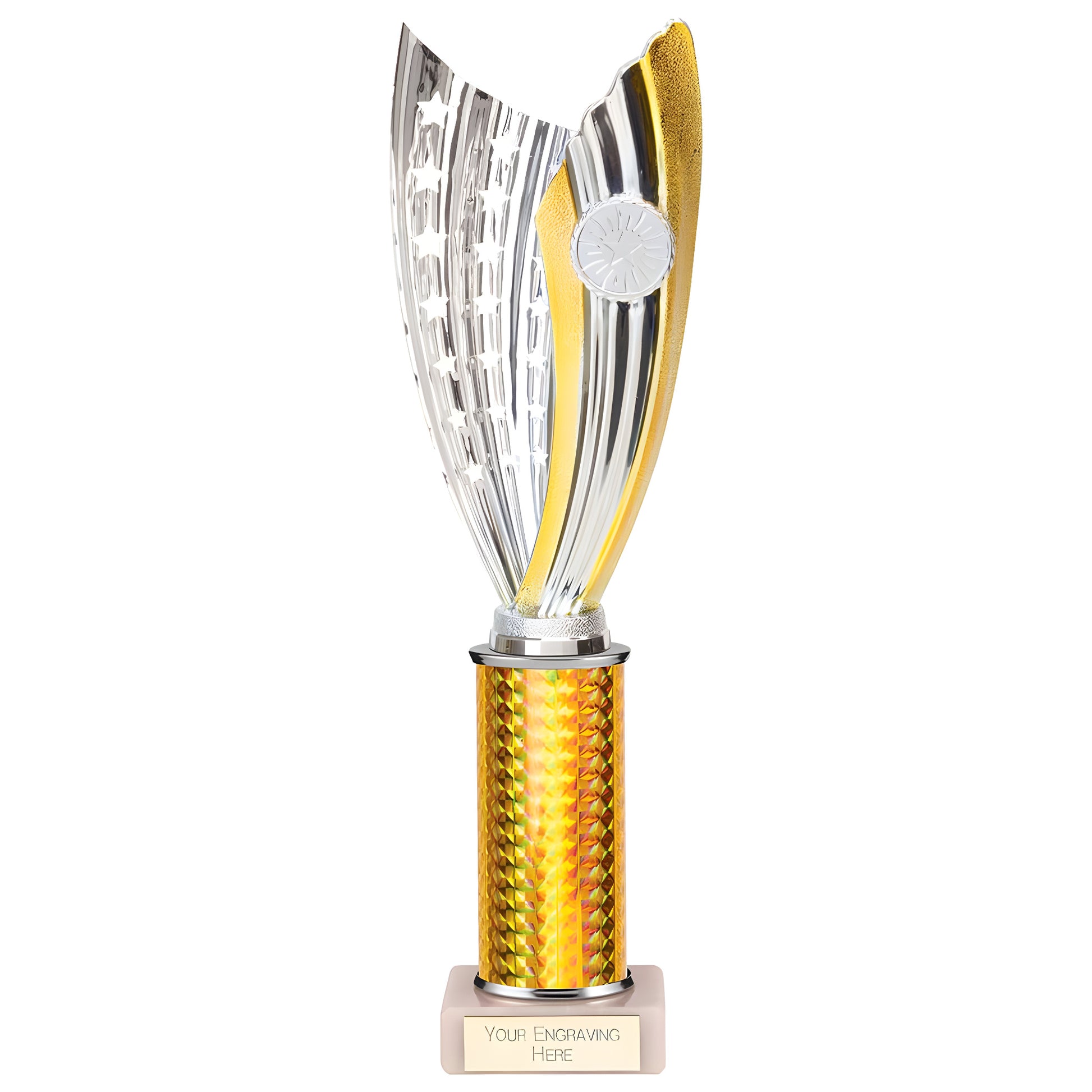 Gold and silver plastic trophy with engraving base and unique metallic design