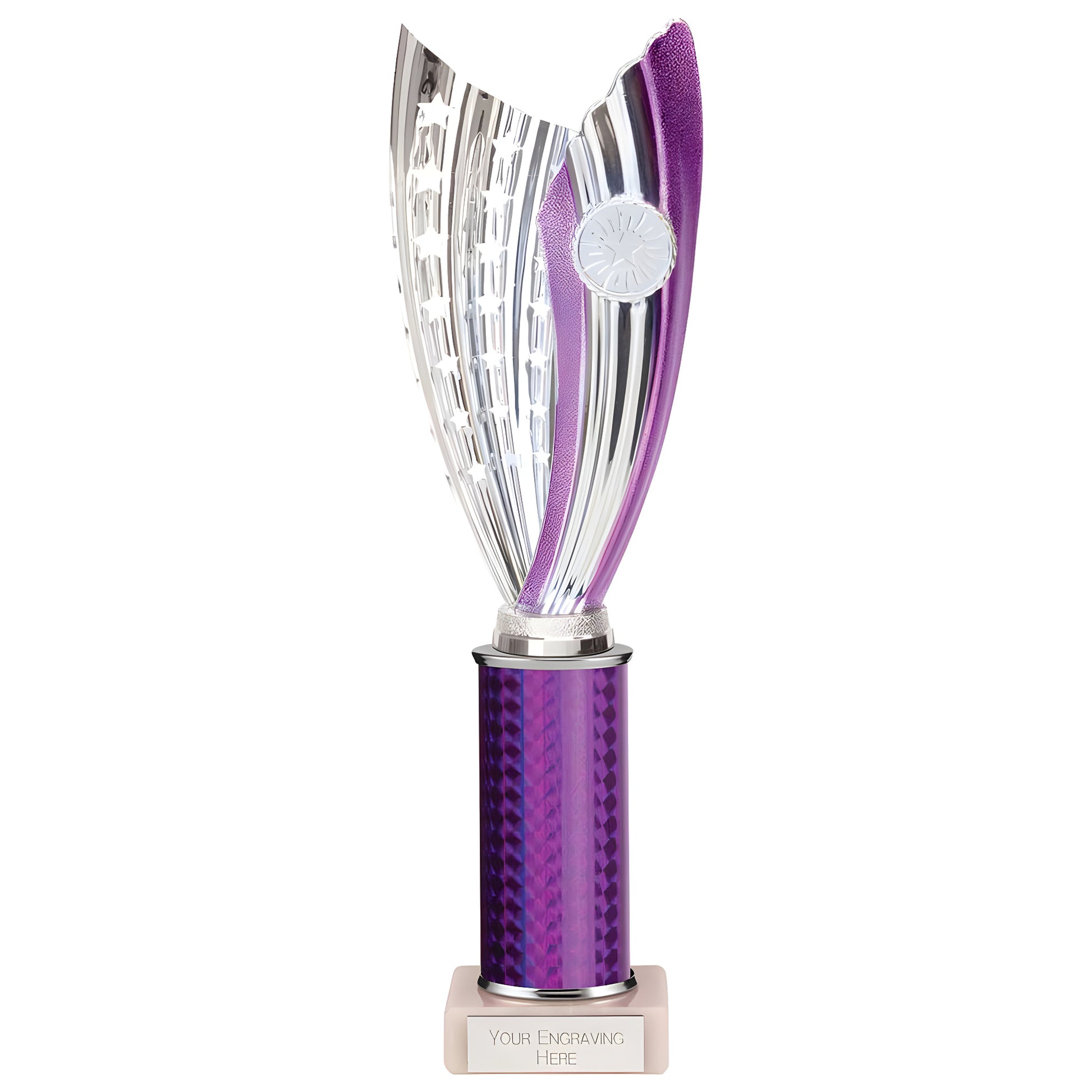 Purple glamstar plastic trophy with silver design for awards 265mm tall