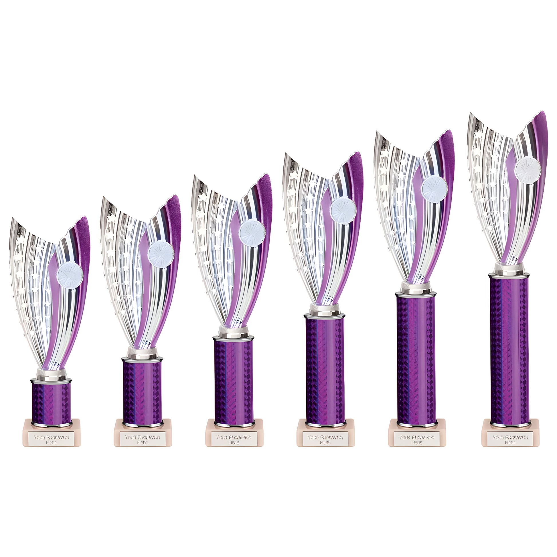 Set of six purple plastic trophies with wave design, 265mm tall.