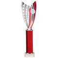 Silver and red plastic trophy with detailed column and custom engraving base.