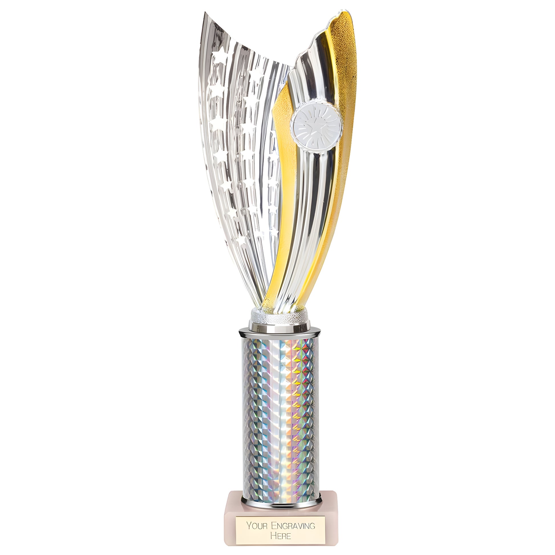 Silver and gold plastic trophy with engraving option, 240mm tall award