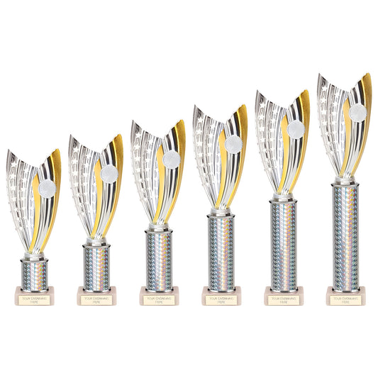 Set of silver and gold plastic trophies in different sizes with metallic cup design.