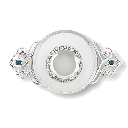 Glass and pewter Celtic quaich bowl with decorative blue stones and intricate handle design.