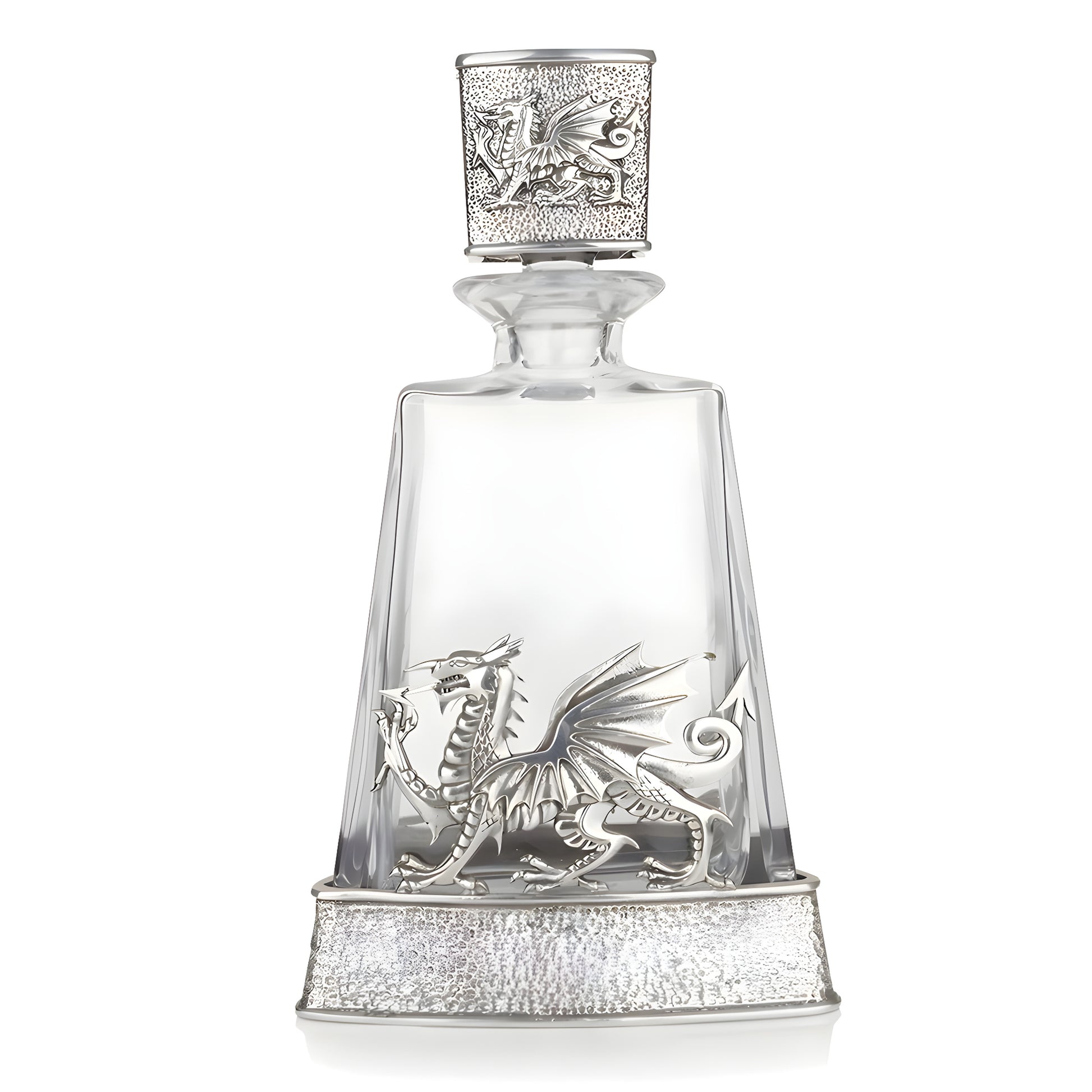 Glass and pewter decanter with Welsh dragon engraving.
