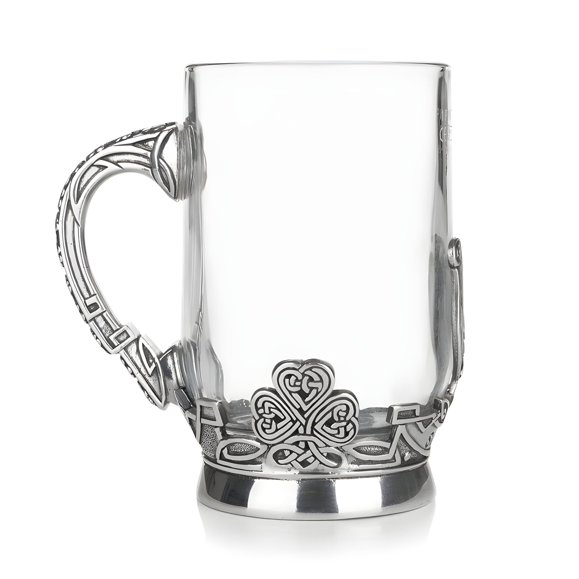 Glass and pewter Irish tankard with a Celtic decorative handle and base.