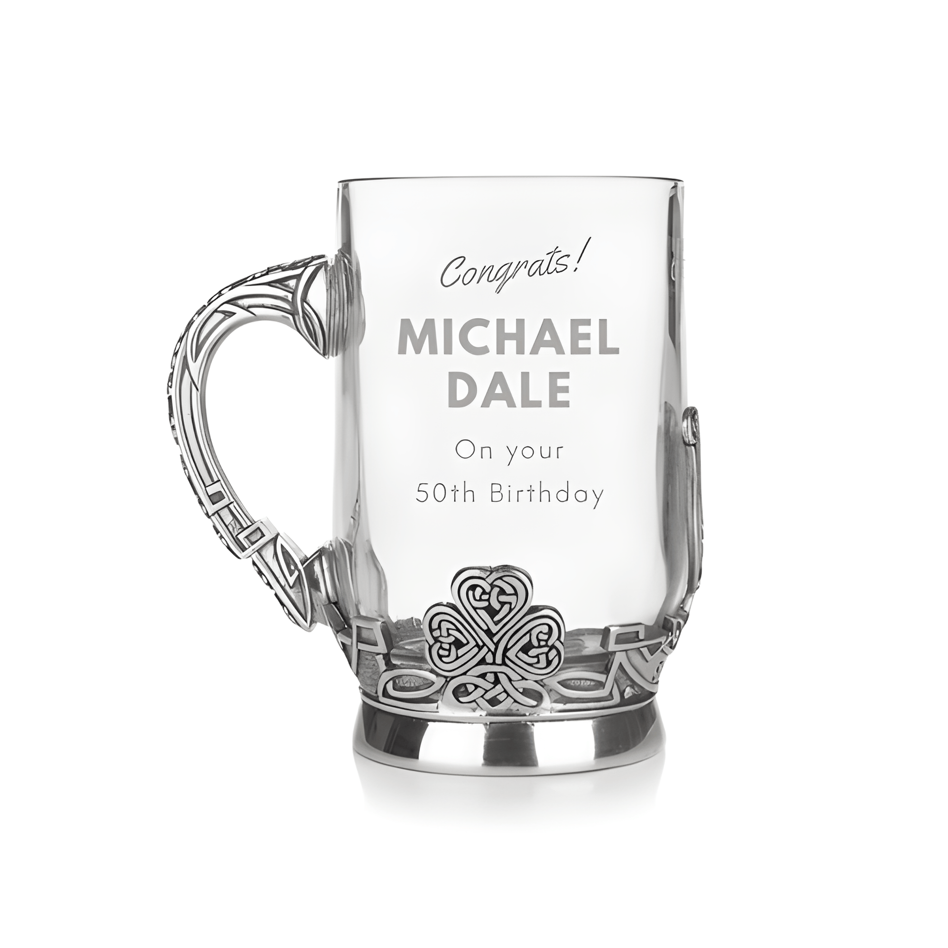 Glass and pewter Irish tankard with personalized engraving, featuring Celtic design, for a 50th birthday gift.