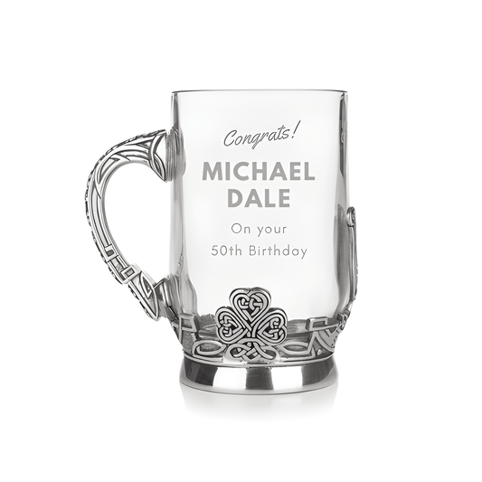 Glass and pewter Irish tankard with personalized engraving, featuring Celtic design, for a 50th birthday gift.