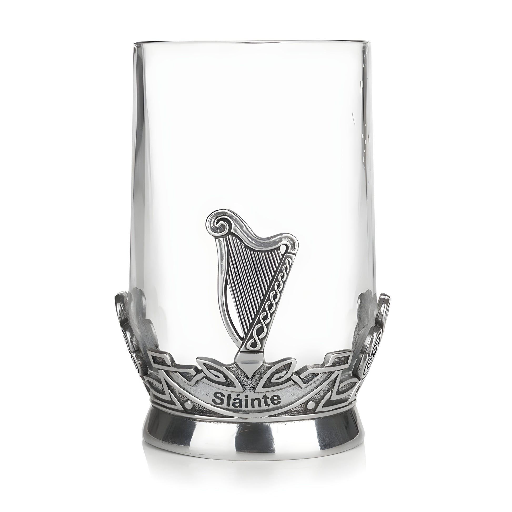 Glass tankard with pewter Irish harp emblem and Slainte engraving.