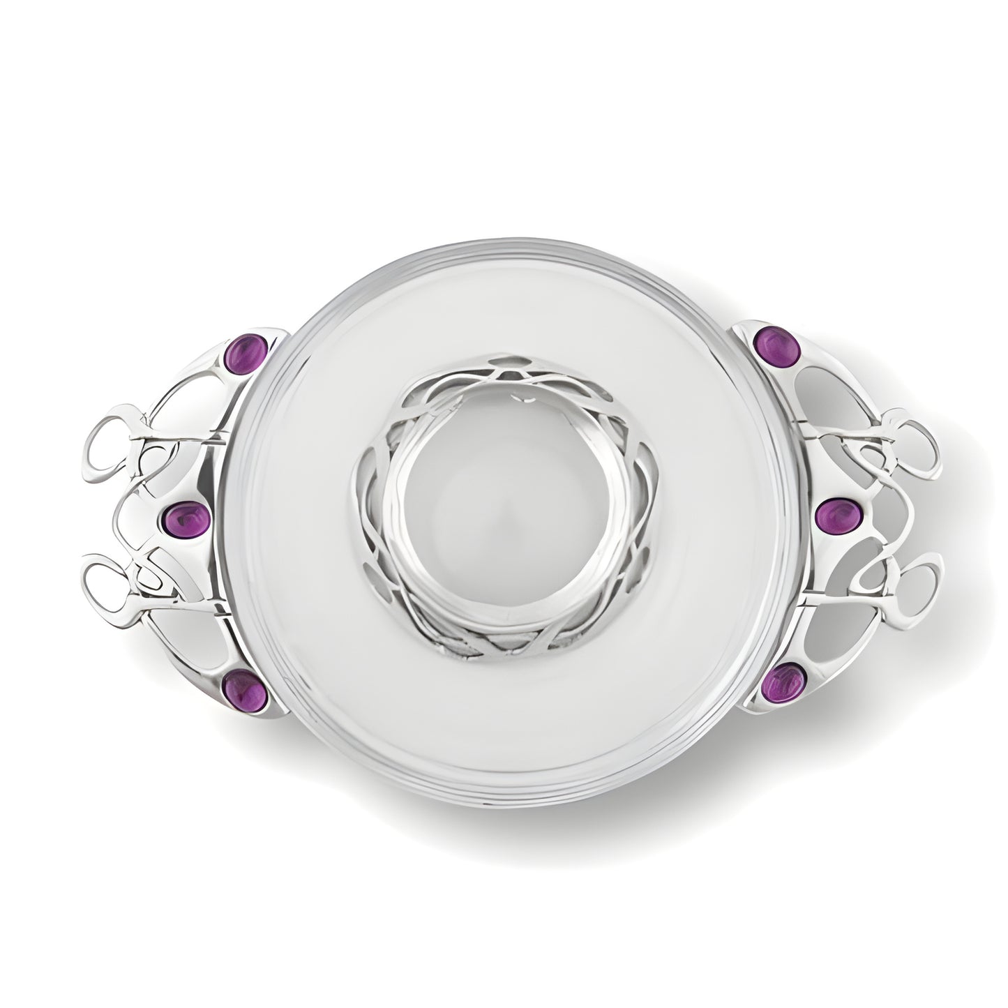 Glass and pewter Celtic quaich bowl with purple stones and ornate handles.