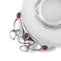 Elegant glass and pewter quaich bowl with purple stones in Celtic design.