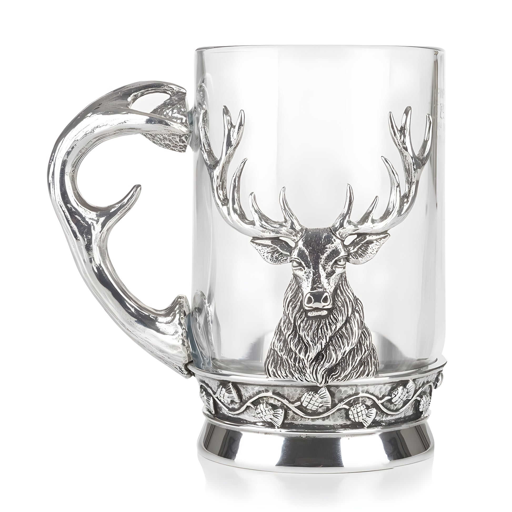 Scottish stag tankard with pewter antler handle and Celtic design.