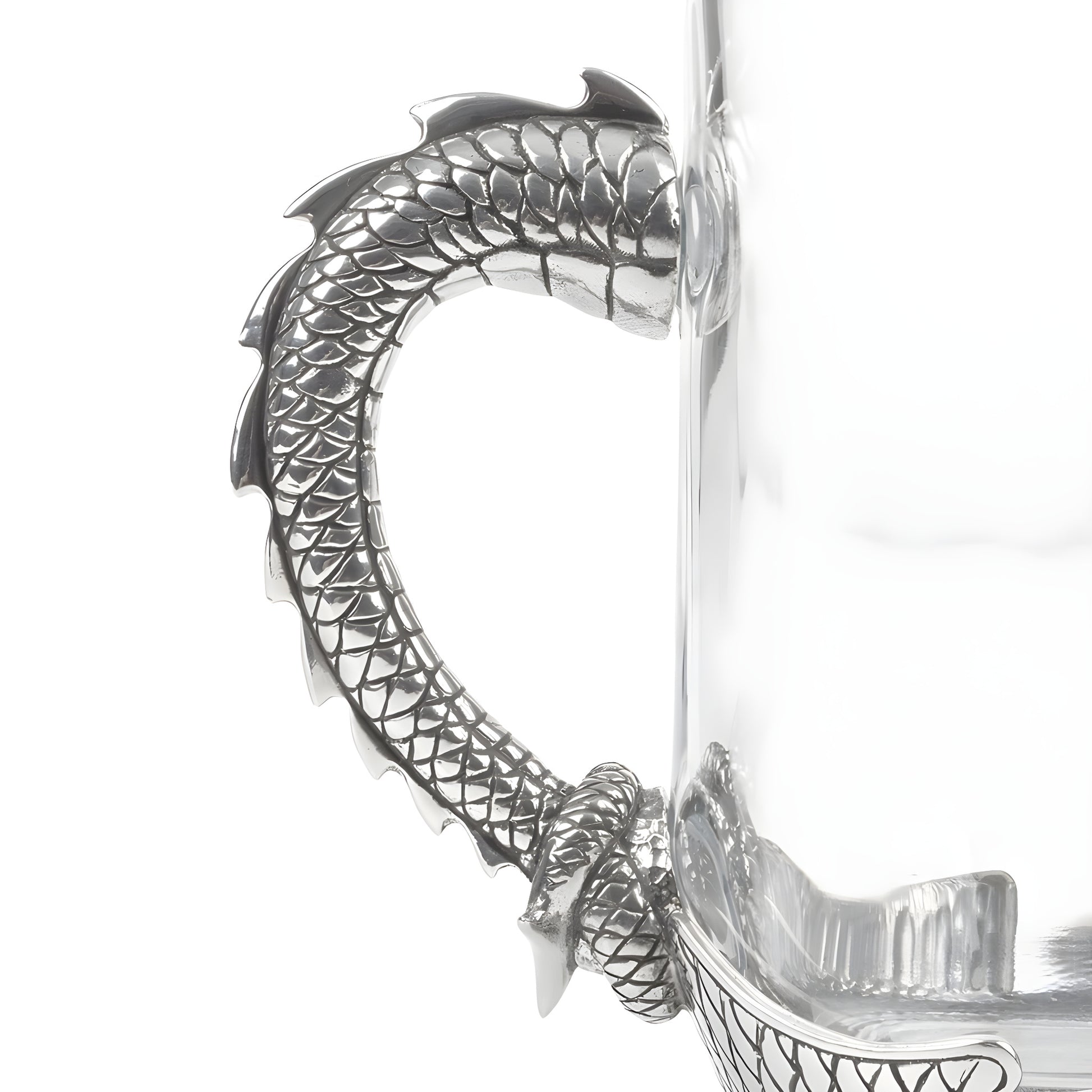 Glass tankard with pewter Welsh dragon handle depicting silver scales.