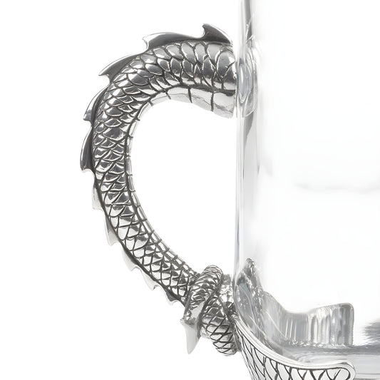 Glass tankard with pewter Welsh dragon handle depicting silver scales.