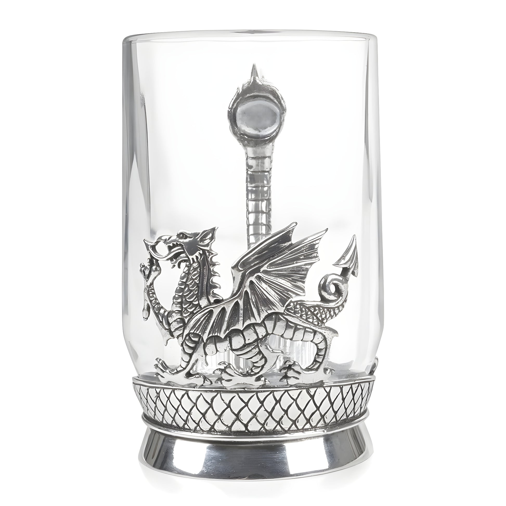 Glass tankard with pewter Welsh dragon emblem.