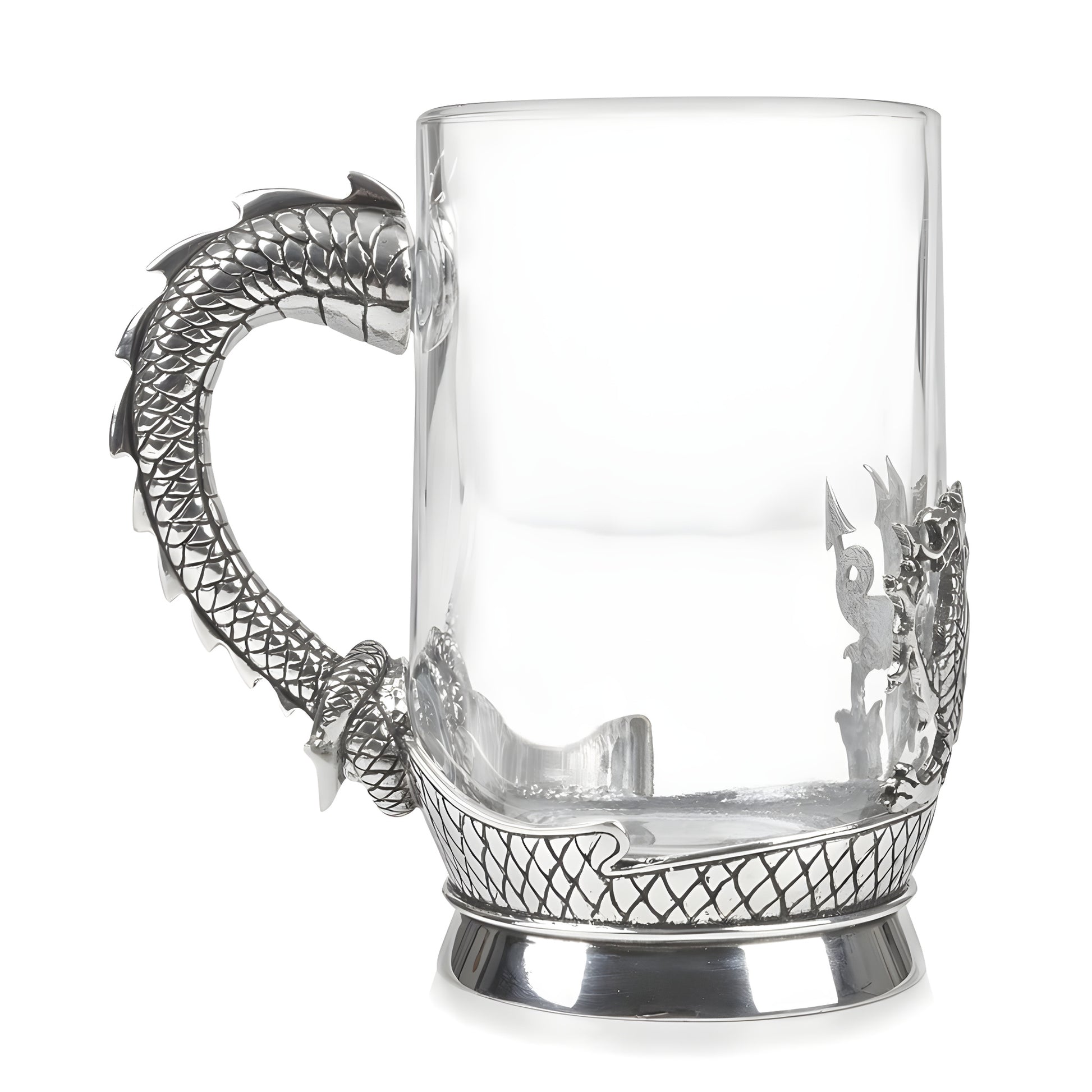 Glass tankard with pewter Welsh dragon handle and base detail.