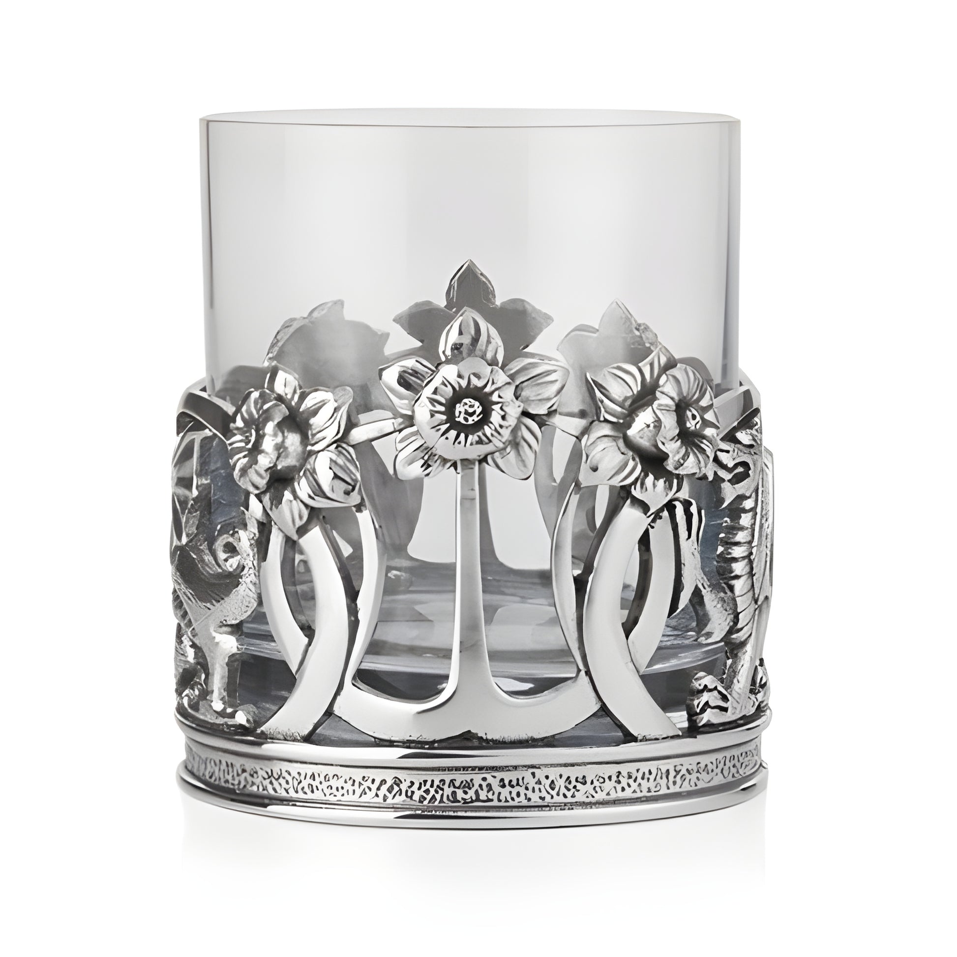 Glass and pewter whisky tumbler with Welsh dragon and floral design.