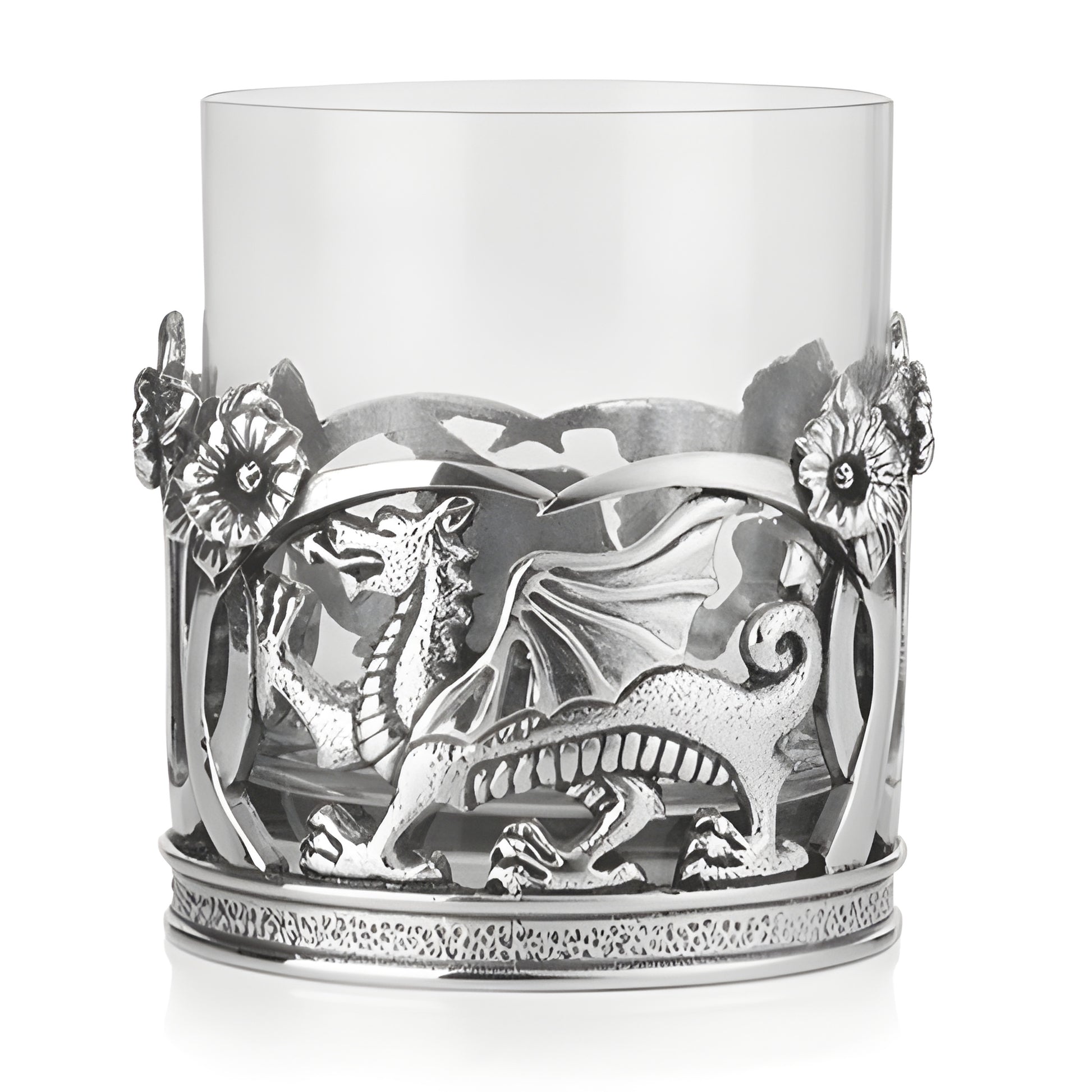 Glass whisky tumbler with pewter Welsh dragon and intricate Celtic design.