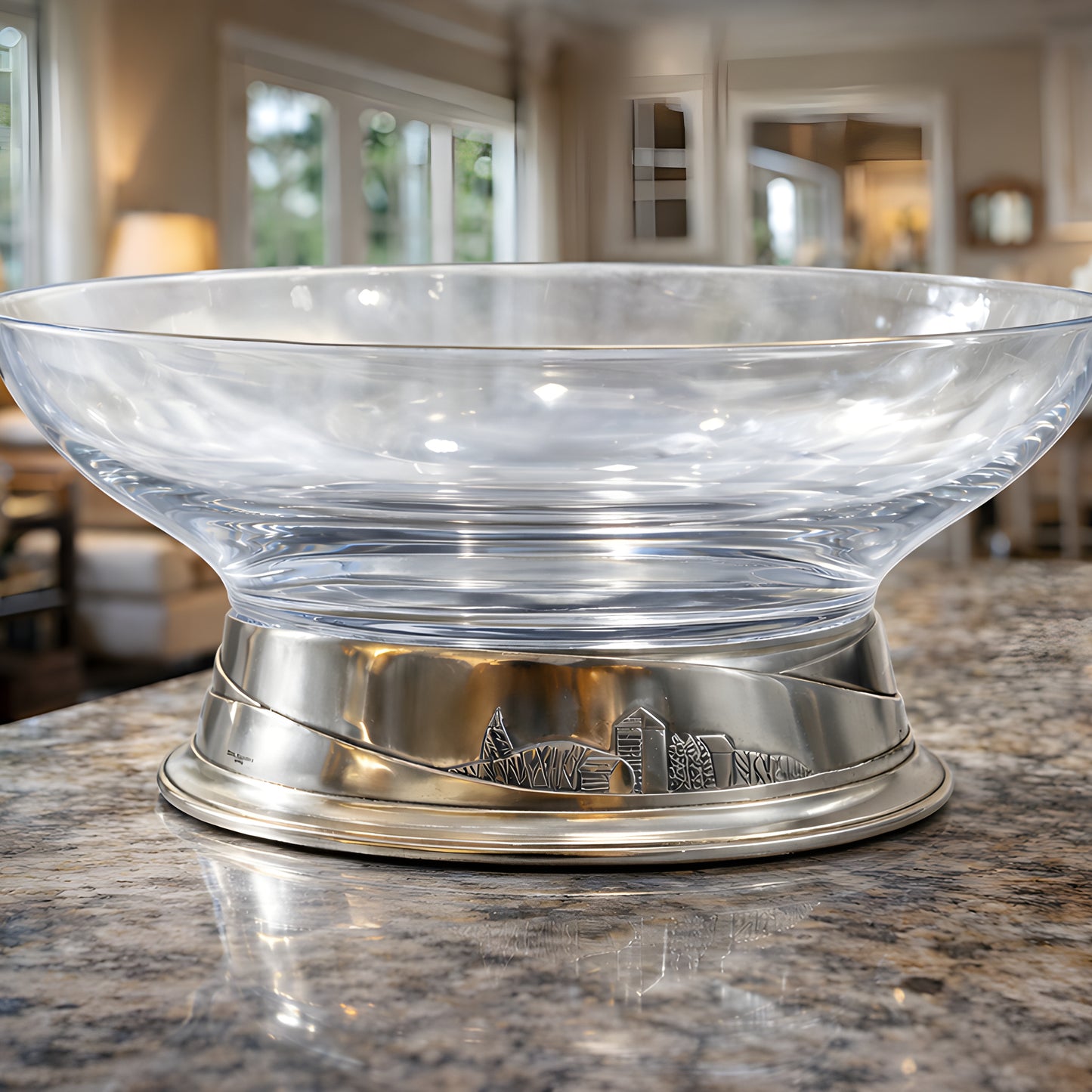 Elegant glass bowl with pewter base on a granite kitchen countertop.