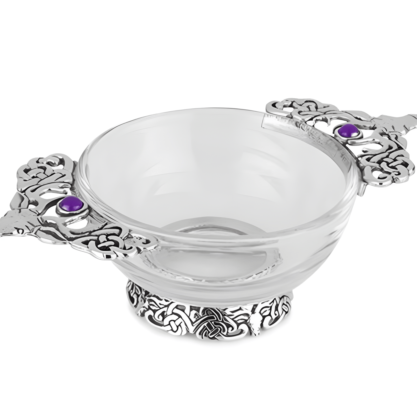 Celtic design glass quaich bowl with silver stag motifs and amethyst gemstones.