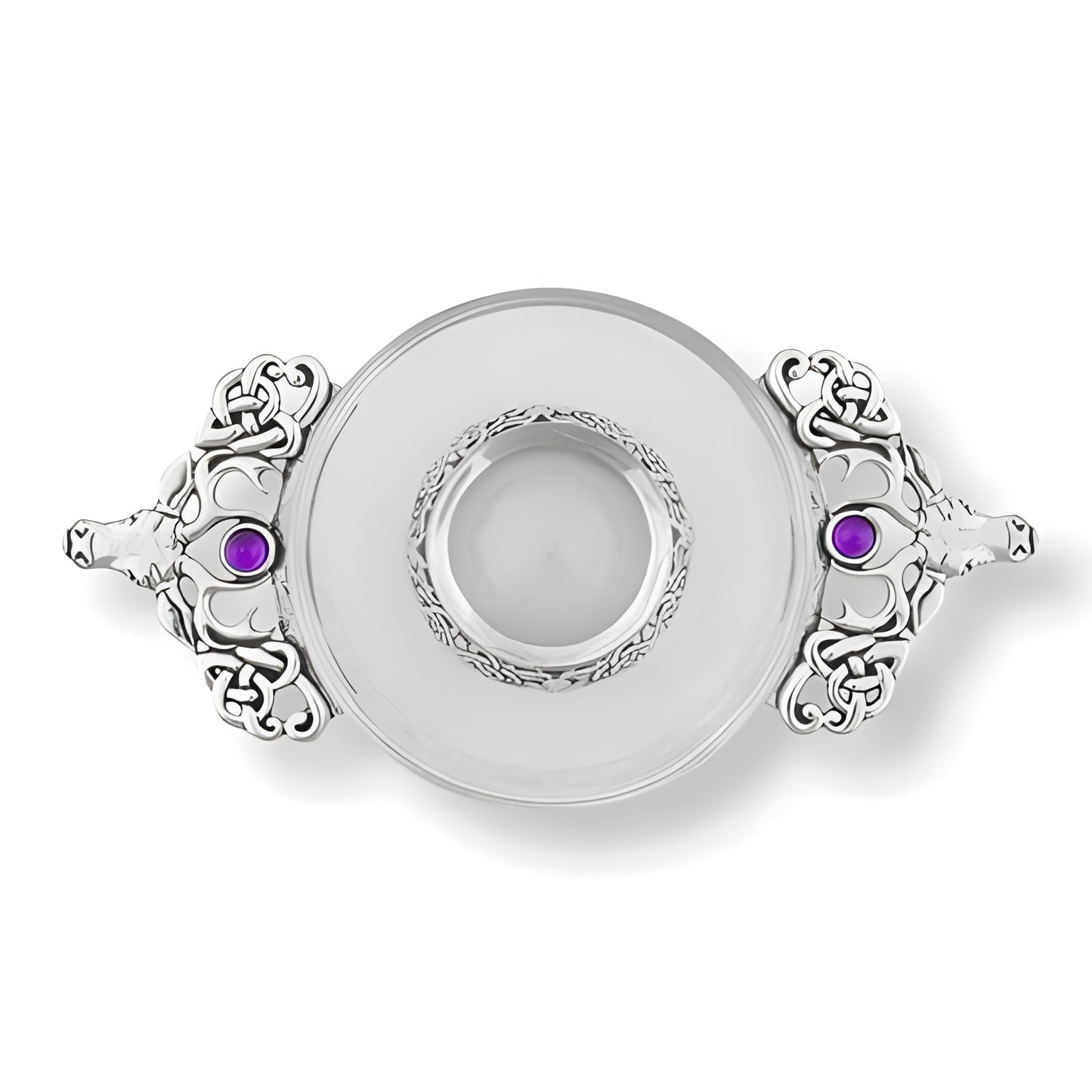 Glass quaich bowl with silver handles, Celtic design, and amethyst gems.