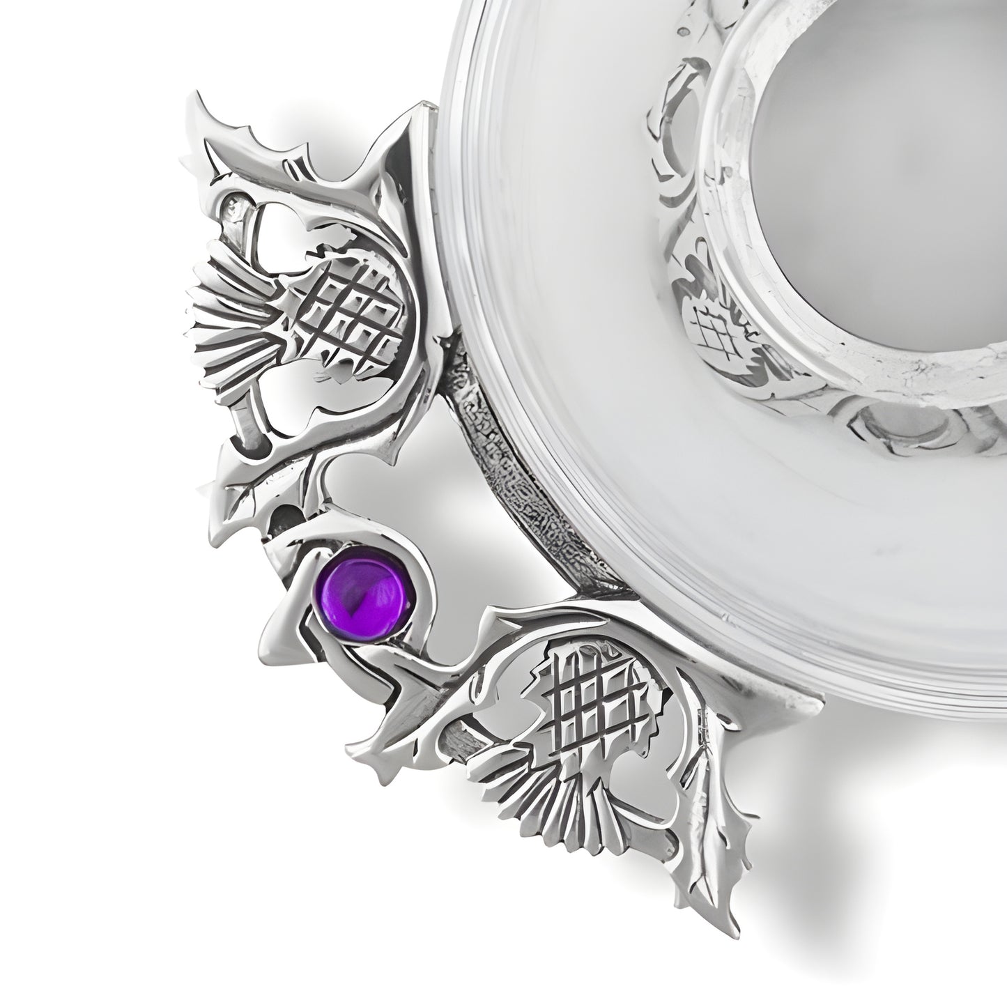 Glass quaich bowl with amethyst jewel and thistle Celtic design.